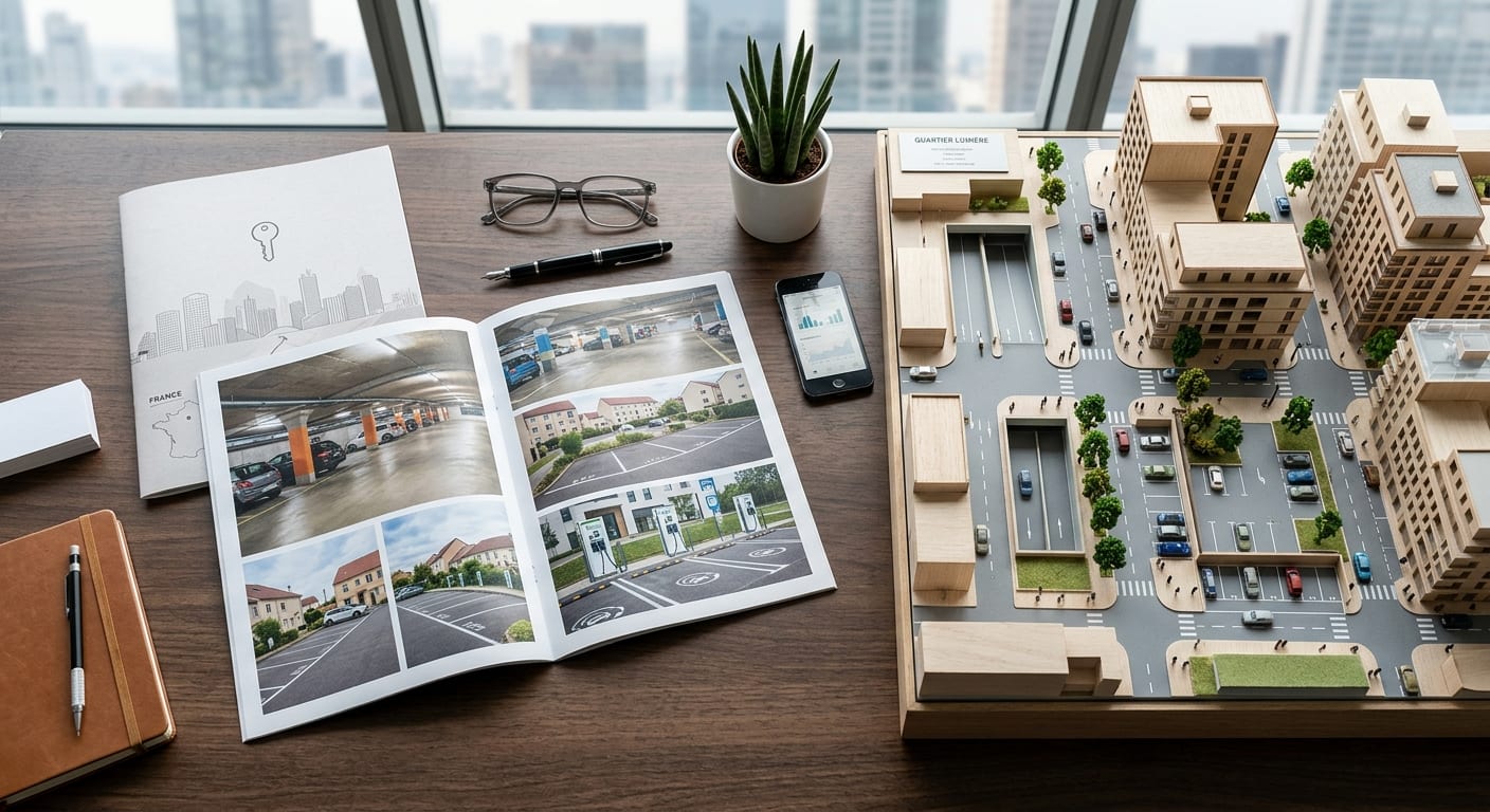 Vue de dessus d'un guide imprimé posé sur un bureau professionnel à côté d'une maquette d'architecture urbaine