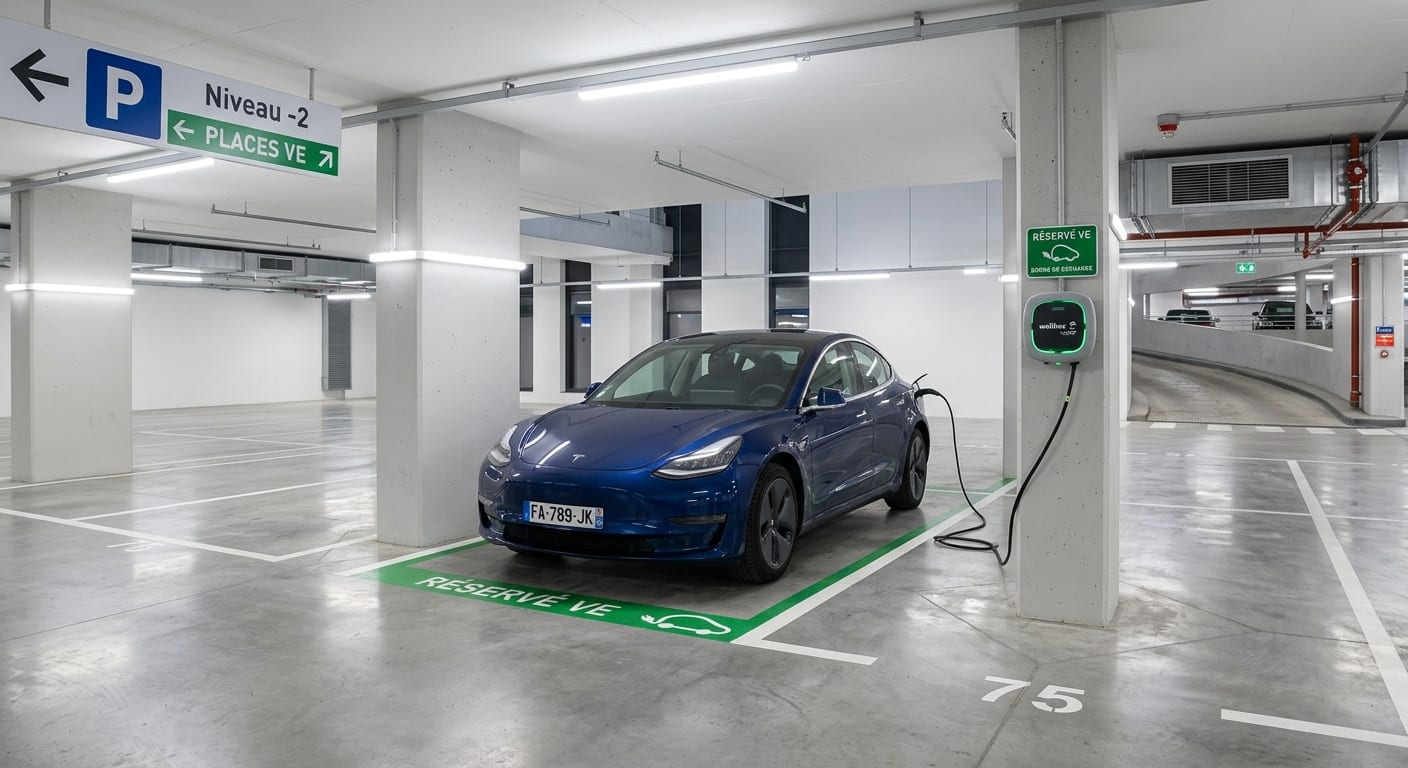 Un parking souterrain propre et moderne éclairé par LED avec un véhicule en charge sur borne de recharge